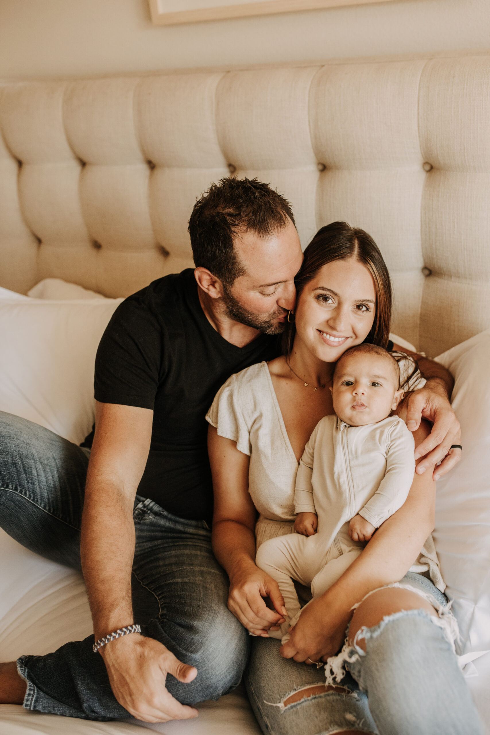 warm toned tan beige in home newborn baby photos family photos newborn baby new mom and dad San Diego family photographer Sabrina kinsella sabrinalynnphoto