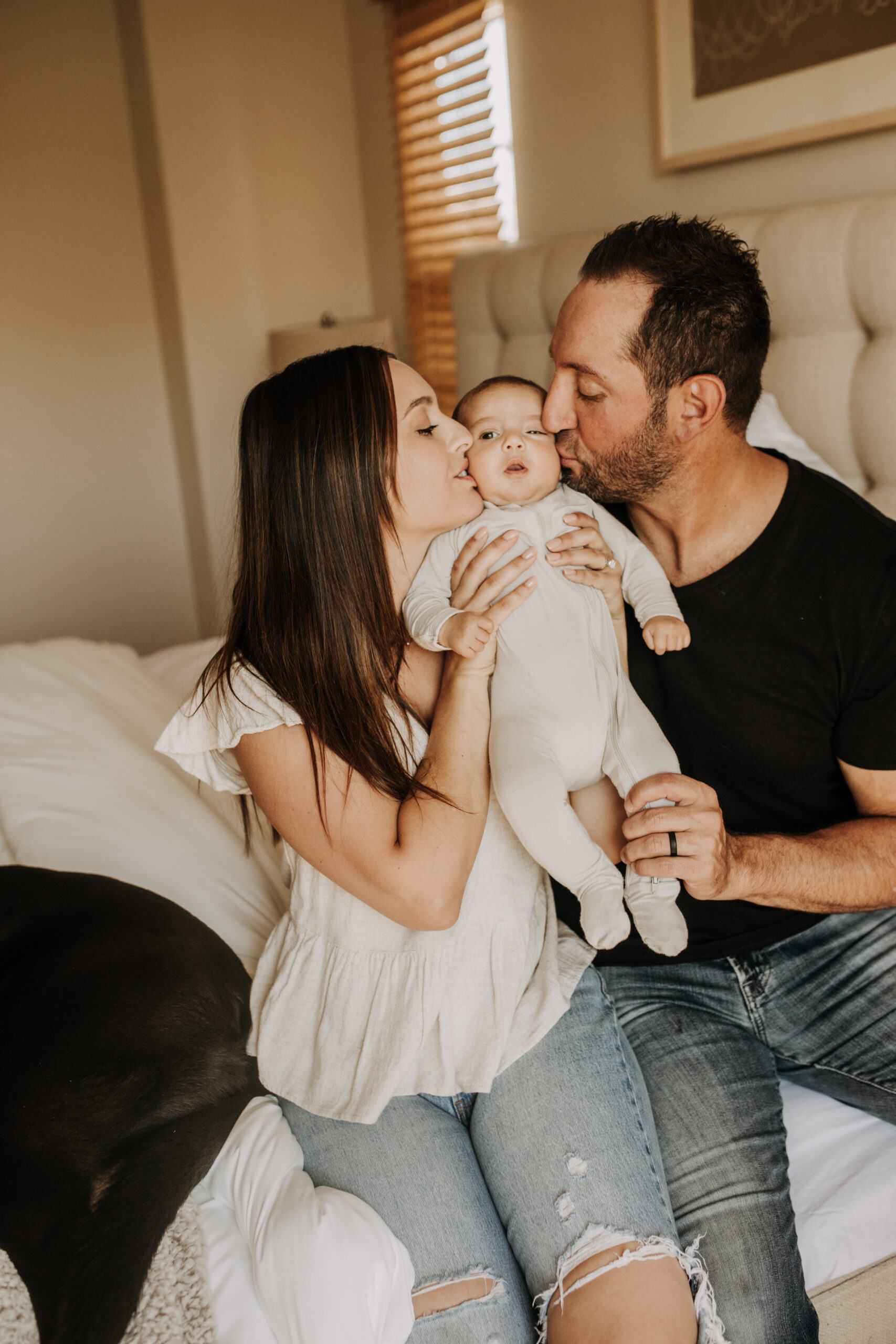 warm toned tan beige in home newborn baby photos family photos newborn baby new mom and dad San Diego family photographer Sabrina kinsella sabrinalynnphoto