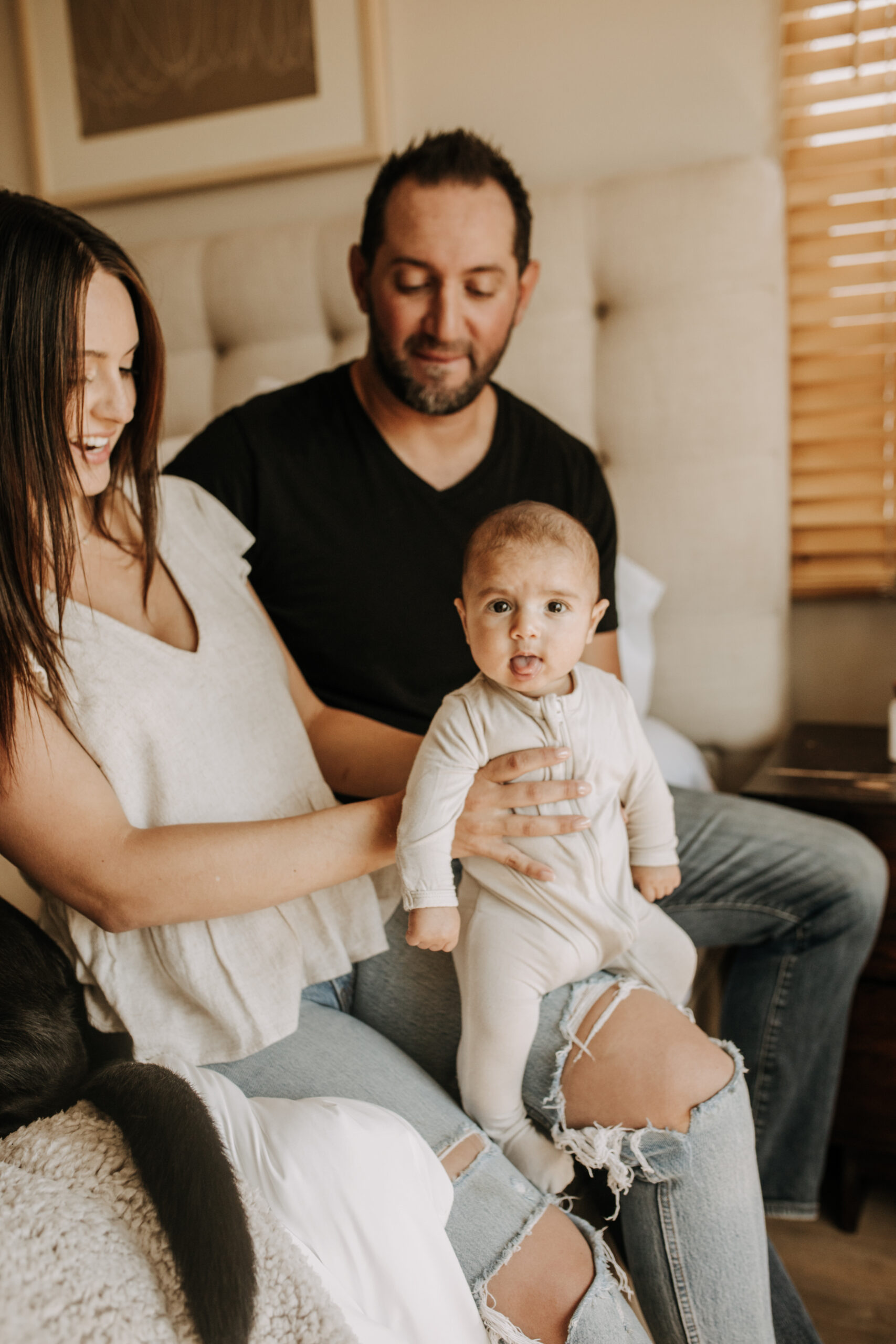 warm toned tan beige in home newborn baby photos family photos newborn baby new mom and dad San Diego family photographer Sabrina kinsella sabrinalynnphoto