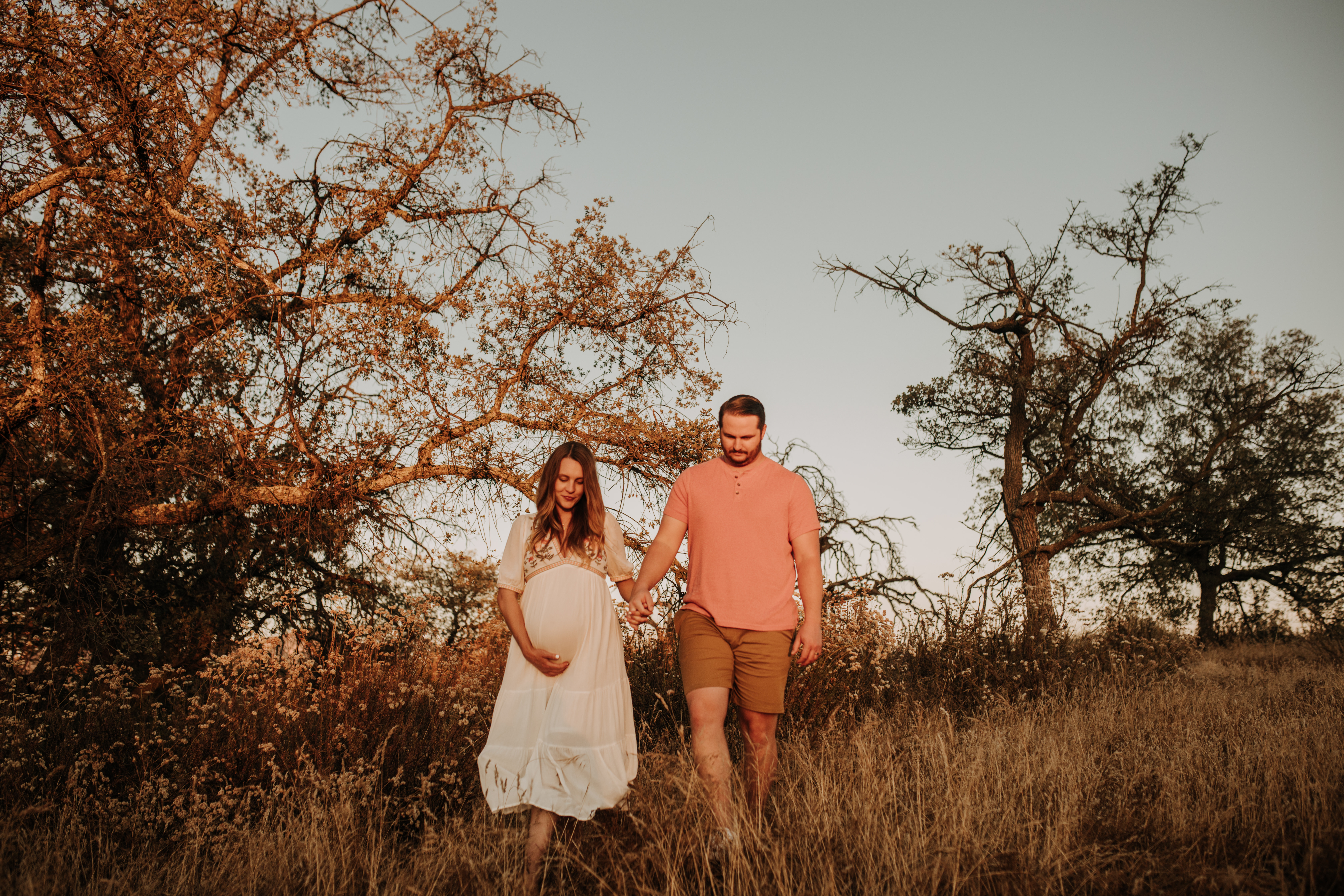 outdoor maternity photos warm and sunny maternity photos couples photos summer field white dress pregnancy San Diego photographer Sabrina kinsella