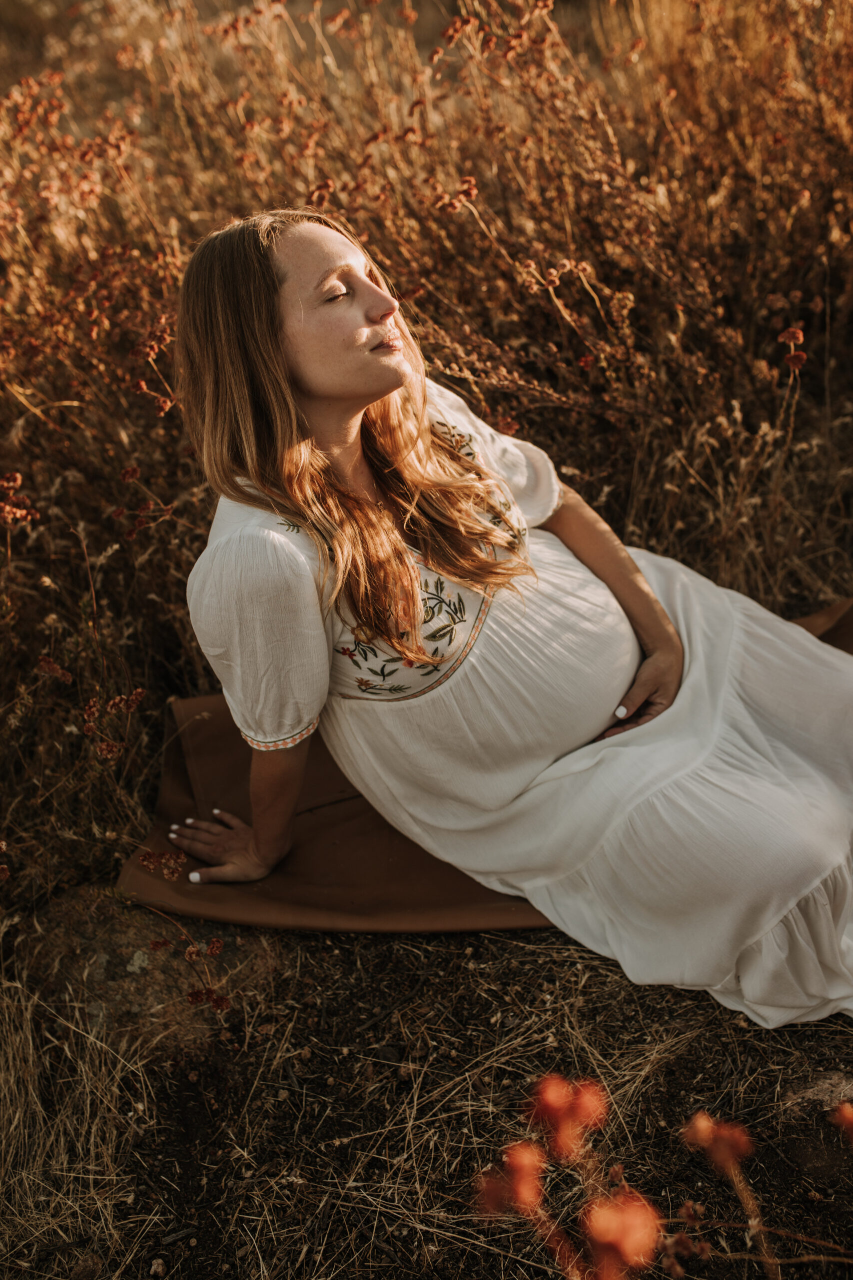 outdoor maternity photos warm and sunny maternity photos couples photos summer field white dress pregnancy San Diego photographer Sabrina kinsella