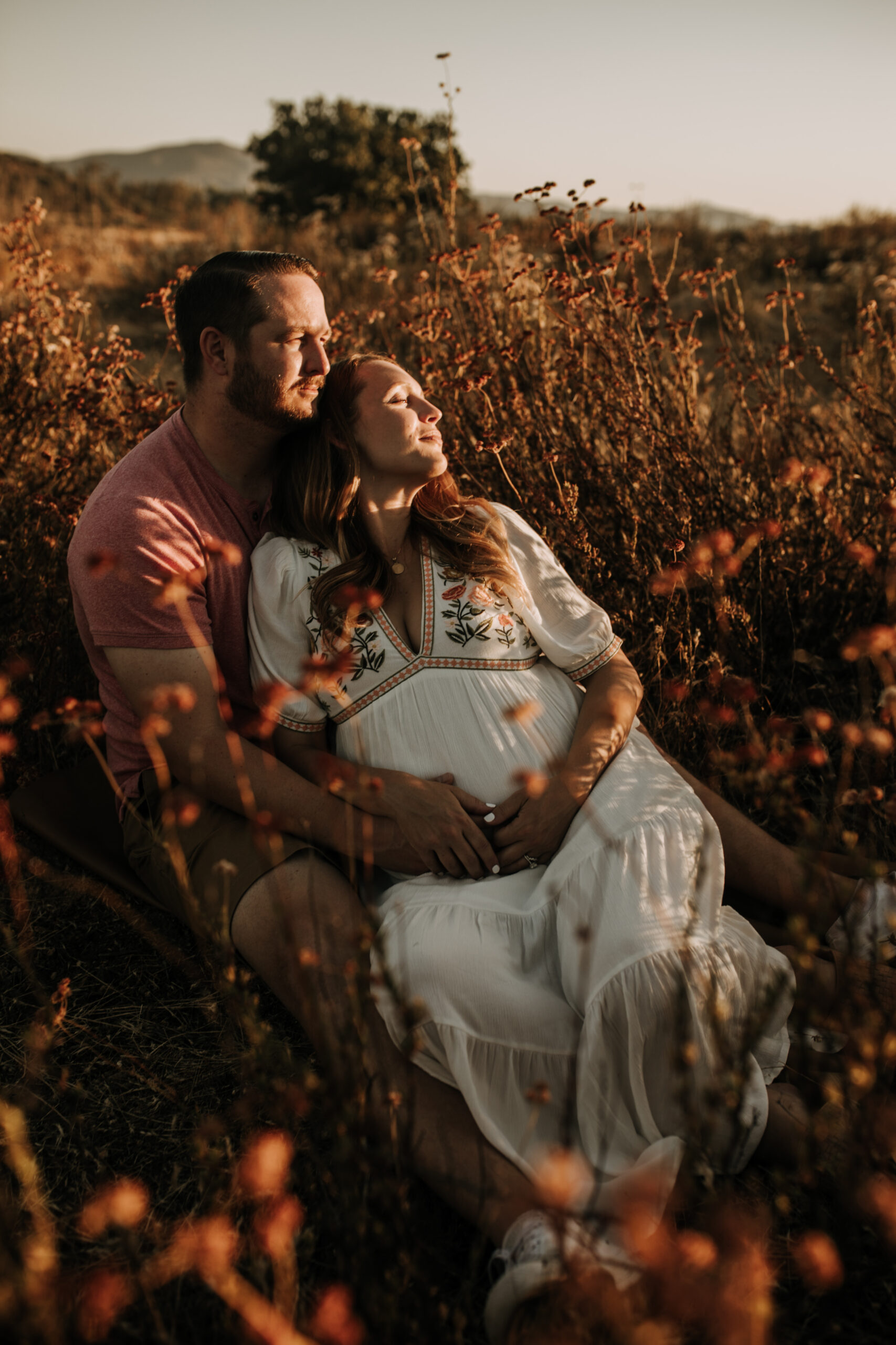 outdoor maternity photos warm and sunny maternity photos couples photos summer field white dress pregnancy San Diego photographer Sabrina kinsella