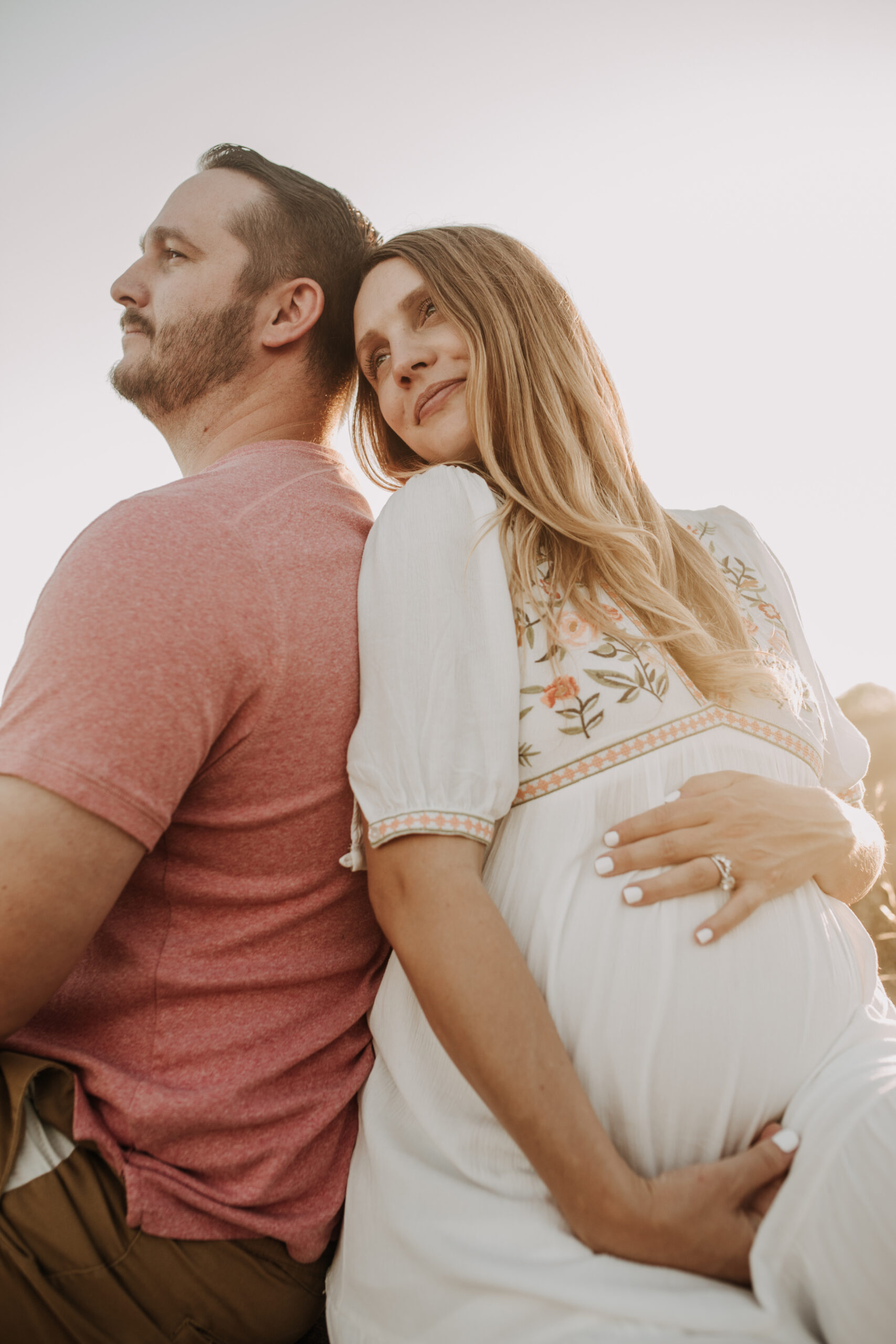 outdoor maternity photos warm and sunny maternity photos couples photos summer field white dress pregnancy San Diego photographer Sabrina kinsella