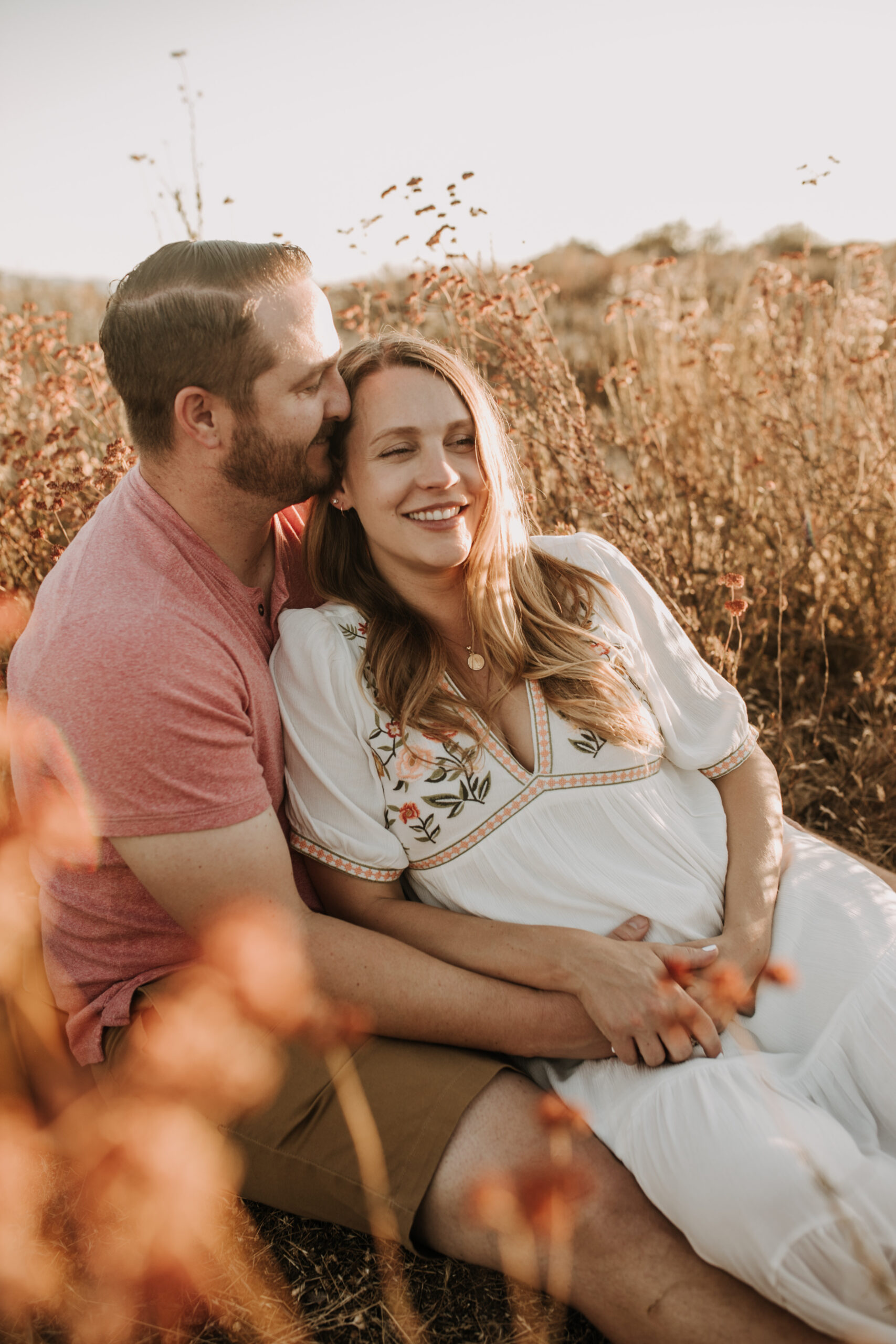 outdoor maternity photos warm and sunny maternity photos couples photos summer field white dress pregnancy San Diego photographer Sabrina kinsella