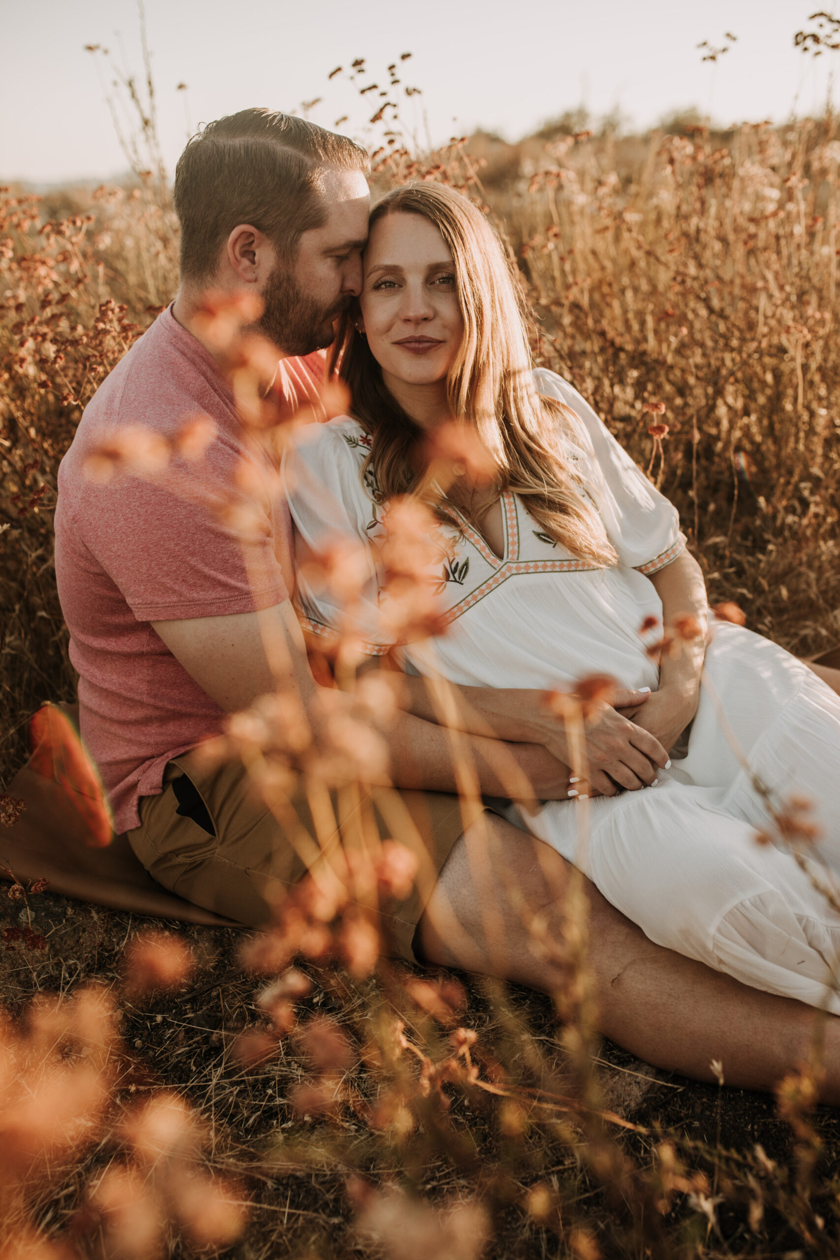 outdoor maternity photos warm and sunny maternity photos couples photos summer field white dress pregnancy San Diego photographer Sabrina kinsella