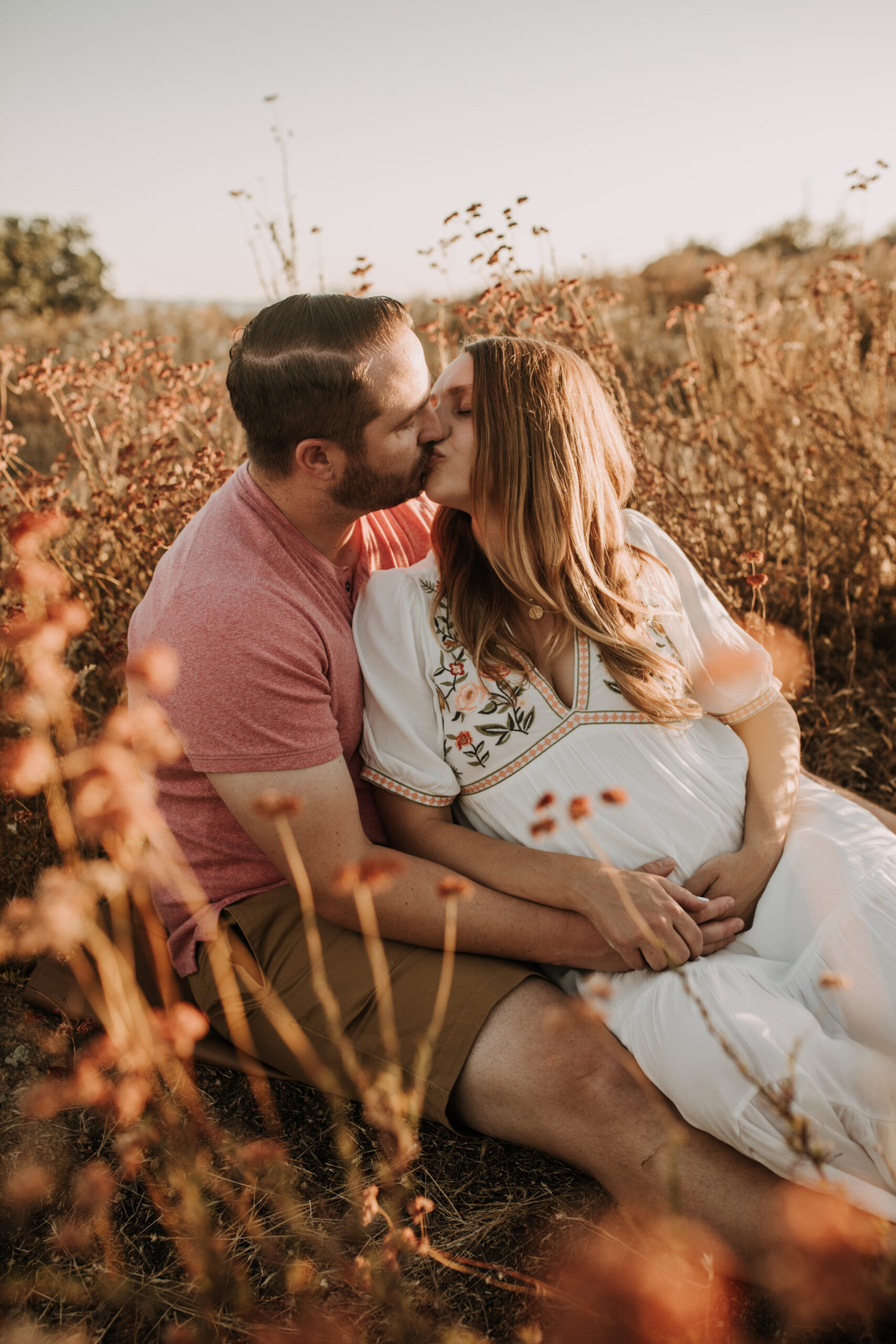 outdoor maternity photos warm and sunny maternity photos couples photos summer field white dress pregnancy San Diego photographer Sabrina kinsella