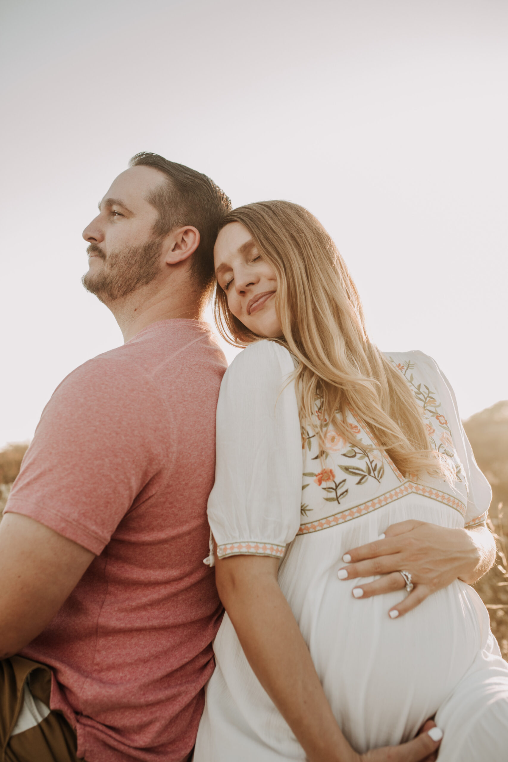 outdoor maternity photos warm and sunny maternity photos couples photos summer field white dress pregnancy San Diego photographer Sabrina kinsella