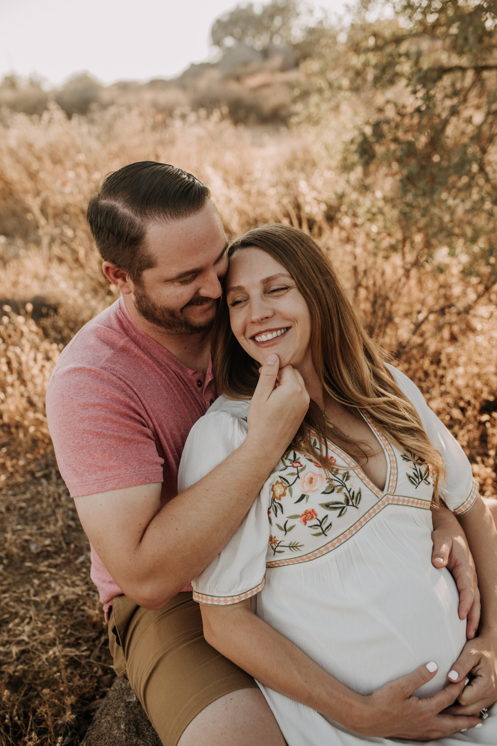 outdoor maternity photos warm and sunny maternity photos couples photos summer field white dress pregnancy San Diego photographer Sabrina kinsella