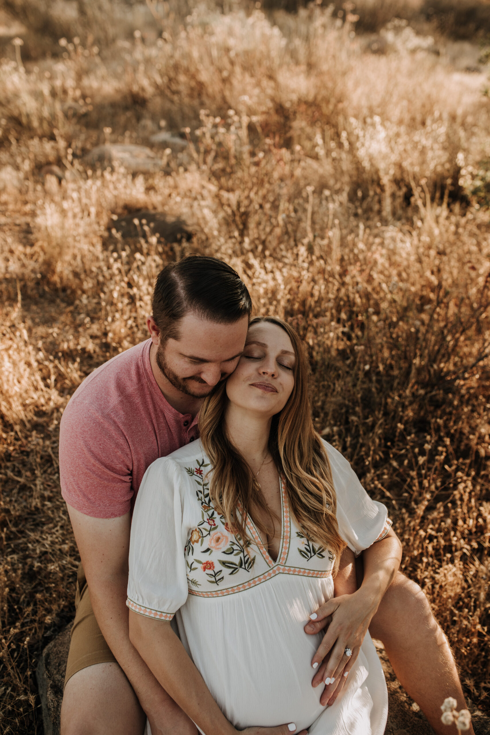 outdoor maternity photos warm and sunny maternity photos couples photos summer field white dress pregnancy San Diego photographer Sabrina kinsella