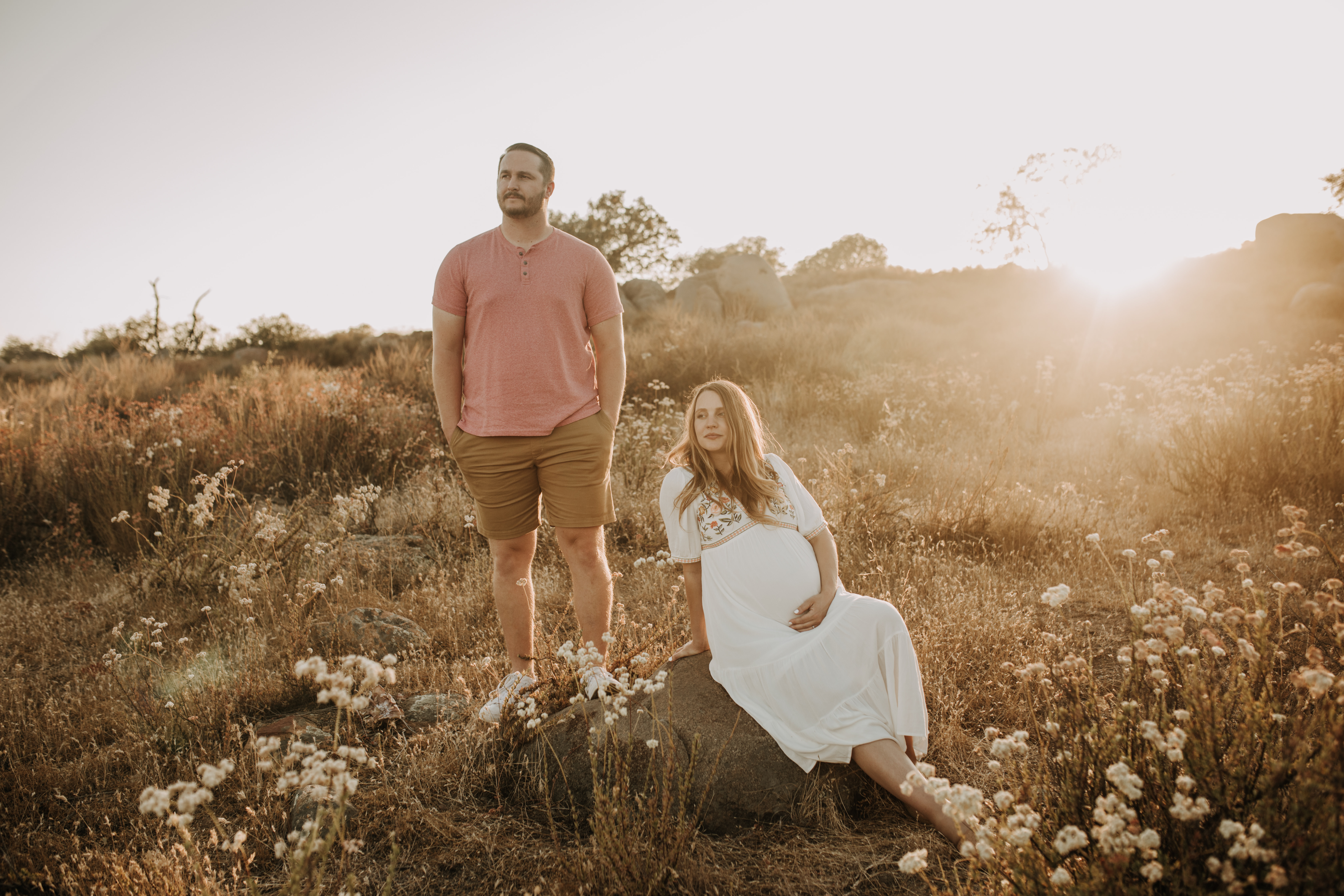 outdoor maternity photos warm and sunny maternity photos couples photos summer field white dress pregnancy San Diego photographer Sabrina kinsella