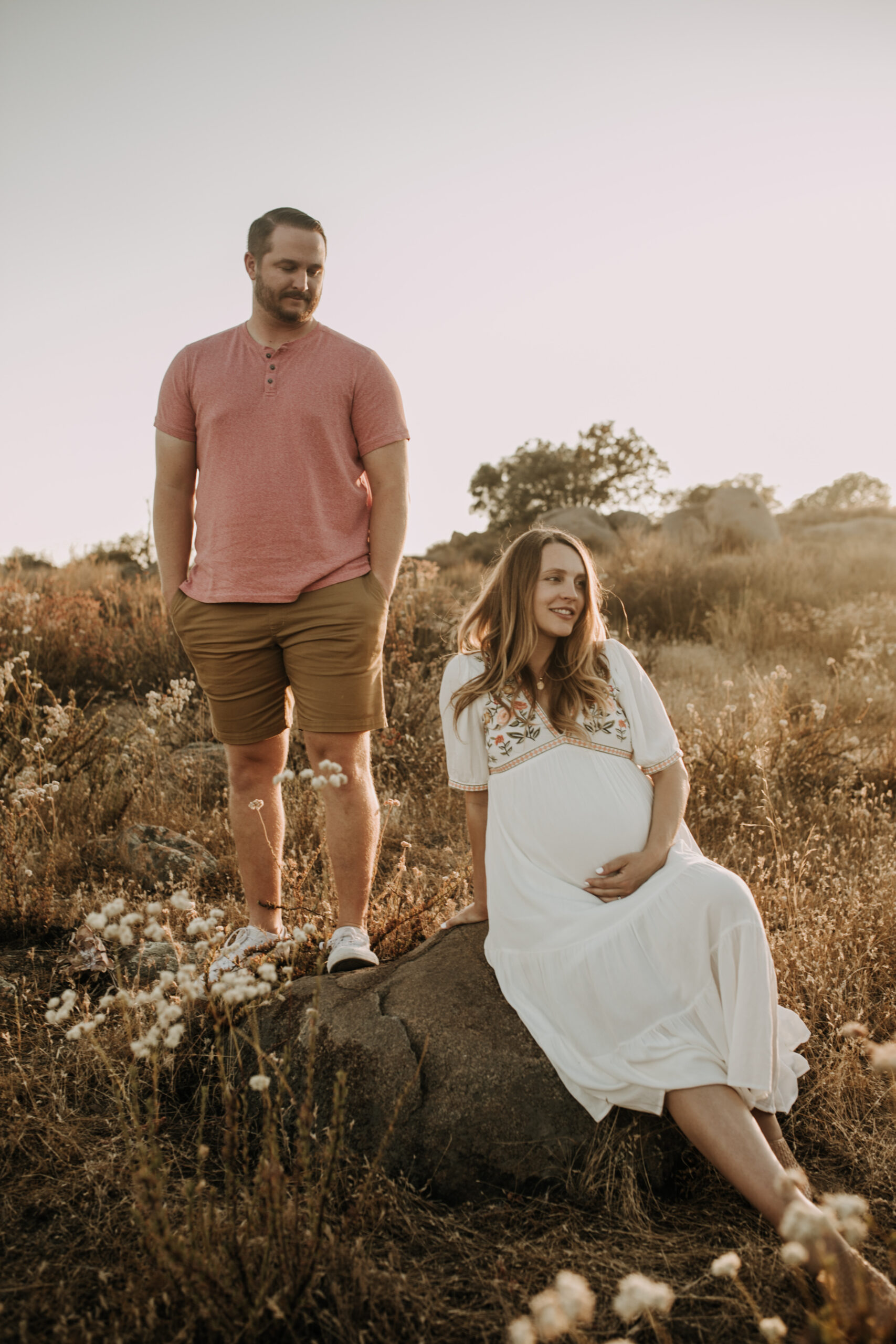 outdoor maternity photos warm and sunny maternity photos couples photos summer field white dress pregnancy San Diego photographer Sabrina kinsella