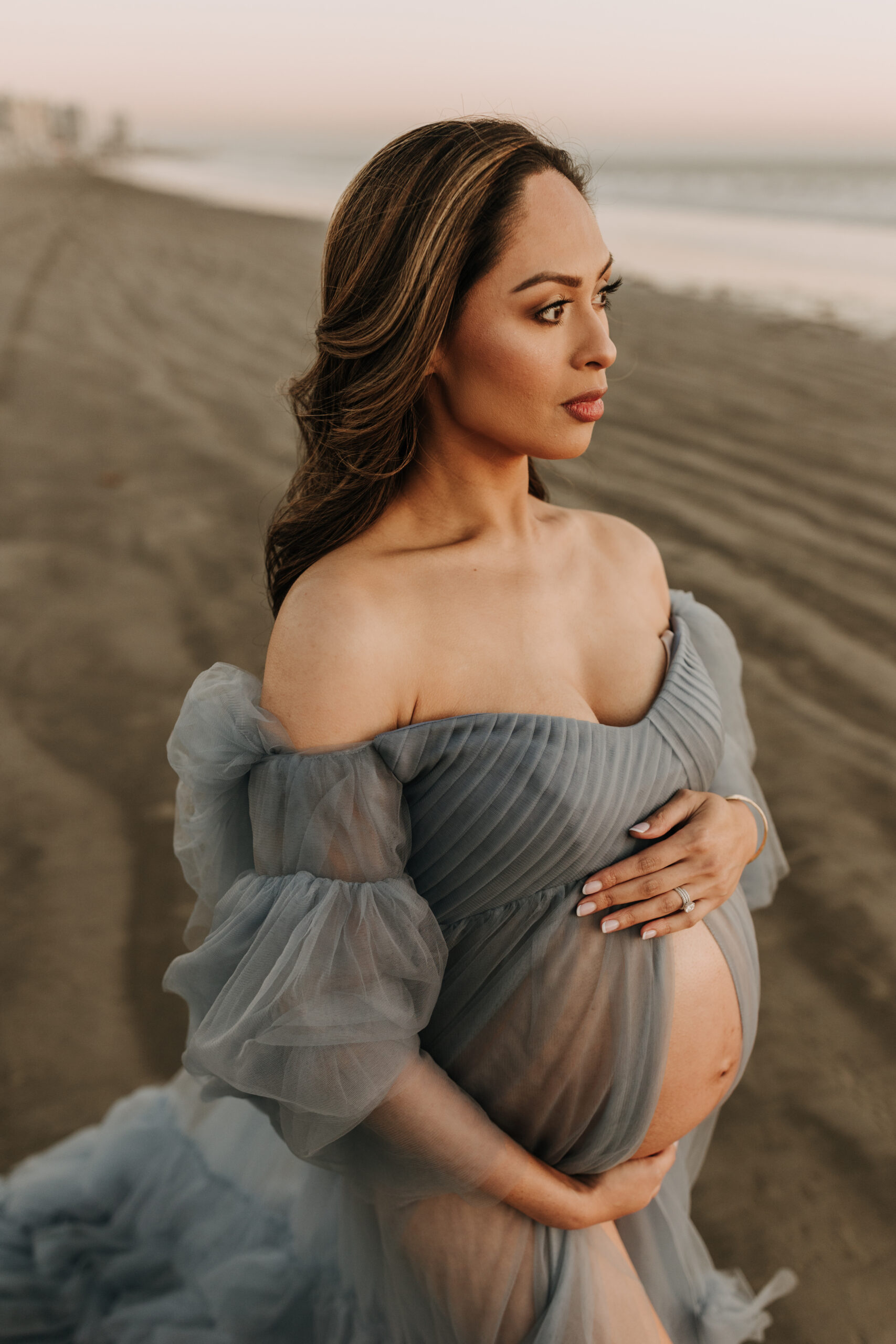 maternity fashion maternity photos beach photos sunset golden hour San Diego maternity photos blue dress pregnancy bright beautiful San Diego family photographer Sabrina kinsealla sabrinalynnphoto